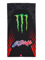 Alpinestars FQ20 Neck Tube Monster, halsrör för motorcykel, svart med en stor grön Monster Energy-logotyp och 'El Diablo'-text med färgtoning, röda diagonala racingränder på sidorna, lätt textilaccessoar för körning under vår och sommar