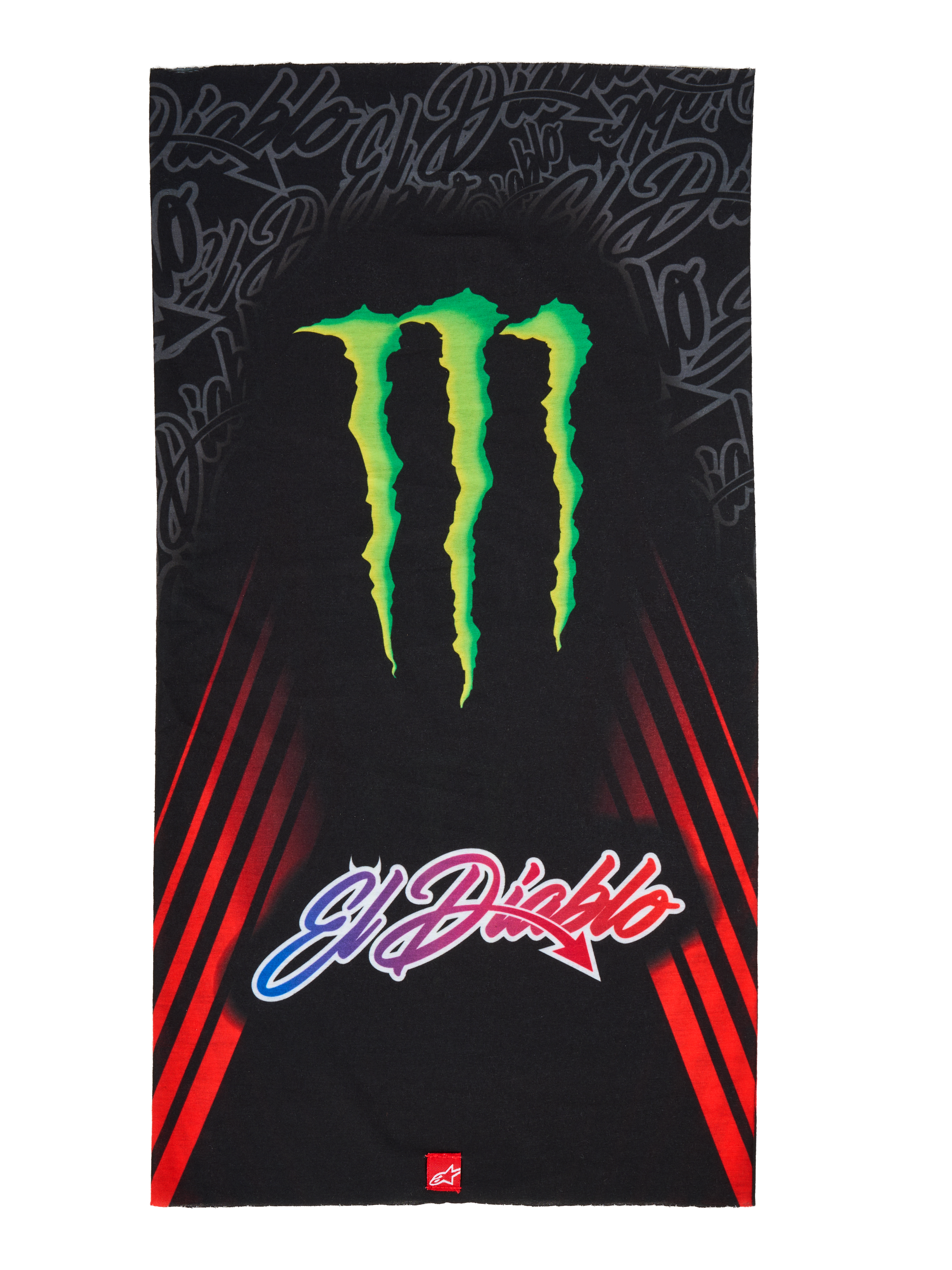 Alpinestars FQ20 Neck Tube Monster, halsrör för motorcykel, svart med en stor grön Monster Energy-logotyp och 'El Diablo'-text med färgtoning, röda diagonala racingränder på sidorna, lätt textilaccessoar för körning under vår och sommar