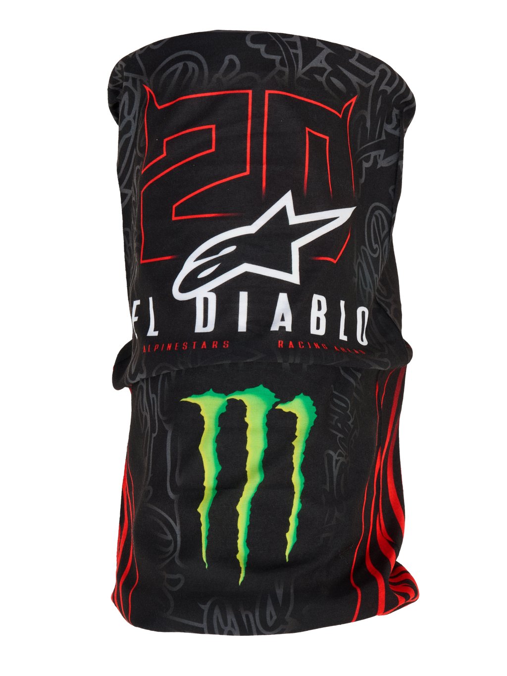 Alpinestars FQ20 Neck Tube Monster, lättviktigt halsrör för motorcykel, svart med röd "20" och vit "El Diablo"-grafik, vit Alpinestars-logotyp och grön Monster Energy-klo, racinginspirerad accessoar med en silkeslen textilkänsla