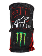 Alpinestars FQ20 Neck Tube Monster, lättviktigt halsrör för motorcykel, svart med röd "20" och vit "El Diablo"-grafik, vit Alpinestars-logotyp och grön Monster Energy-klo, racinginspirerad accessoar med en silkeslen textilkänsla