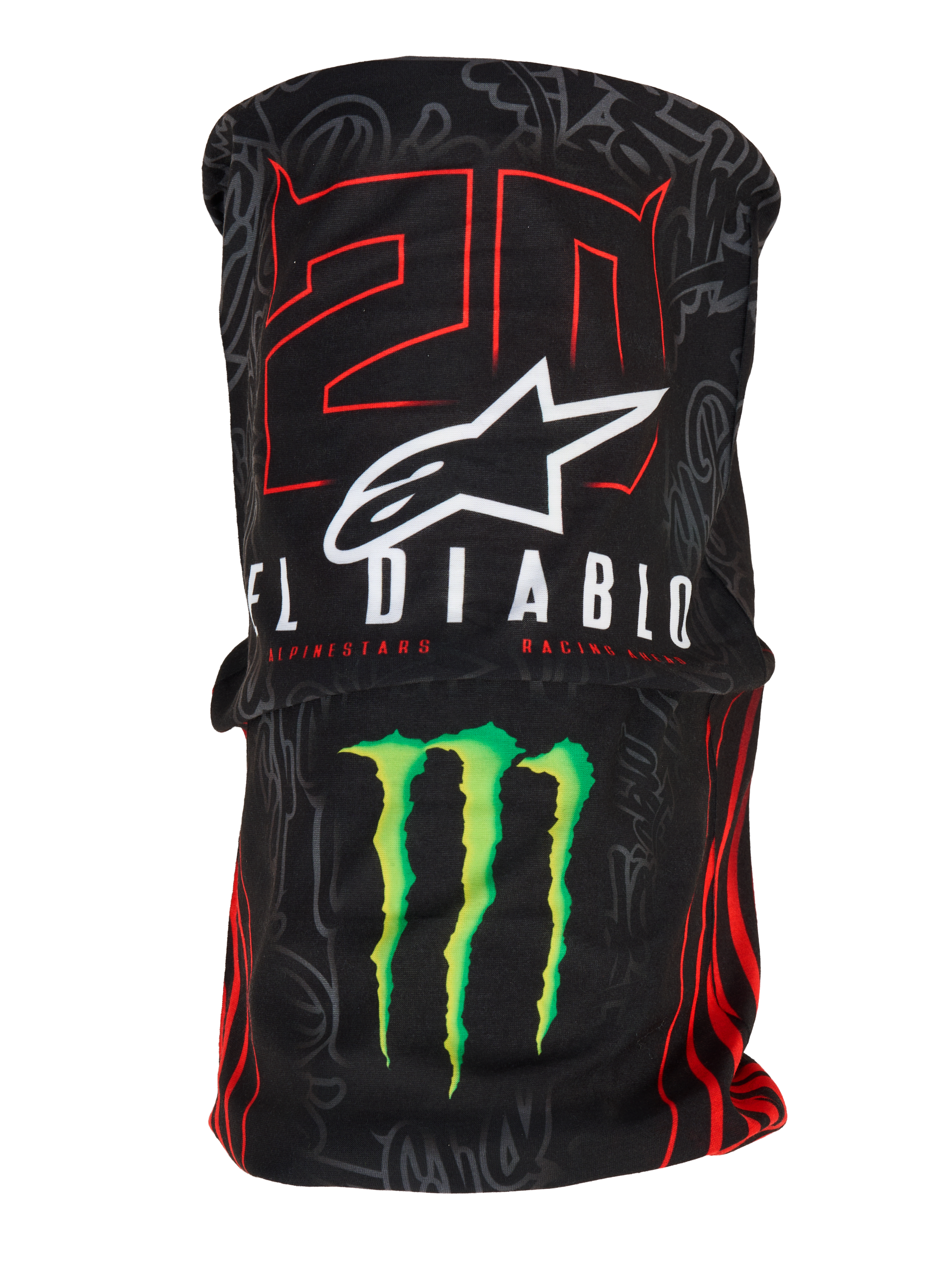 Alpinestars FQ20 Neck Tube Monster, lättviktigt halsrör för motorcykel, svart med röd "20" och vit "El Diablo"-grafik, vit Alpinestars-logotyp och grön Monster Energy-klo, racinginspirerad accessoar med en silkeslen textilkänsla