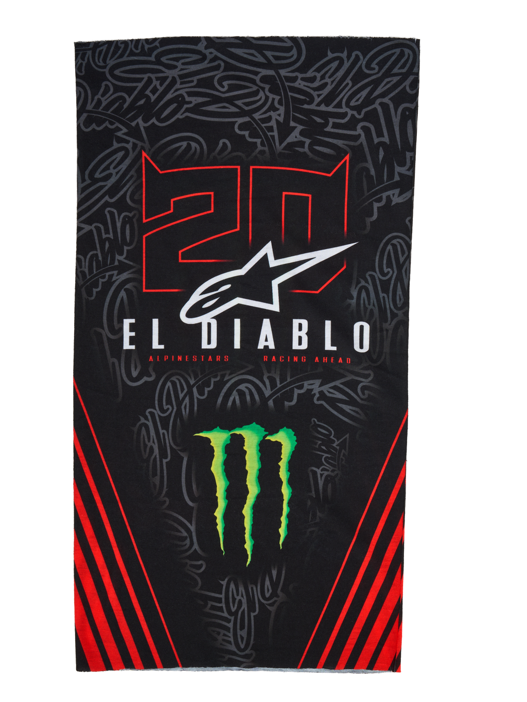 Alpinestars FQ20 Neck Tube Monster, lätt halsrör för motorcykel, svart med röda och gröna detaljer, med '20'- och 'EL DIABLO'-grafik, Monster Energy-klo, vit Alpinestars-logotyp och röda diagonala ränder på en ton-i-ton graffiti-bakgrund