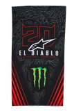 Alpinestars FQ20 Neck Tube Monster, lätt halsrör för motorcykel, svart med röda och gröna detaljer, med '20'- och 'EL DIABLO'-grafik, Monster Energy-klo, vit Alpinestars-logotyp och röda diagonala ränder på en ton-i-ton graffiti-bakgrund