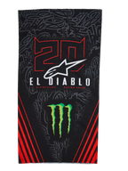Alpinestars FQ20 Neck Tube Monster, lätt halsrör för motorcykel, svart med röda och gröna detaljer, med '20'- och 'EL DIABLO'-grafik, Monster Energy-klo, vit Alpinestars-logotyp och röda diagonala ränder på en ton-i-ton graffiti-bakgrund
