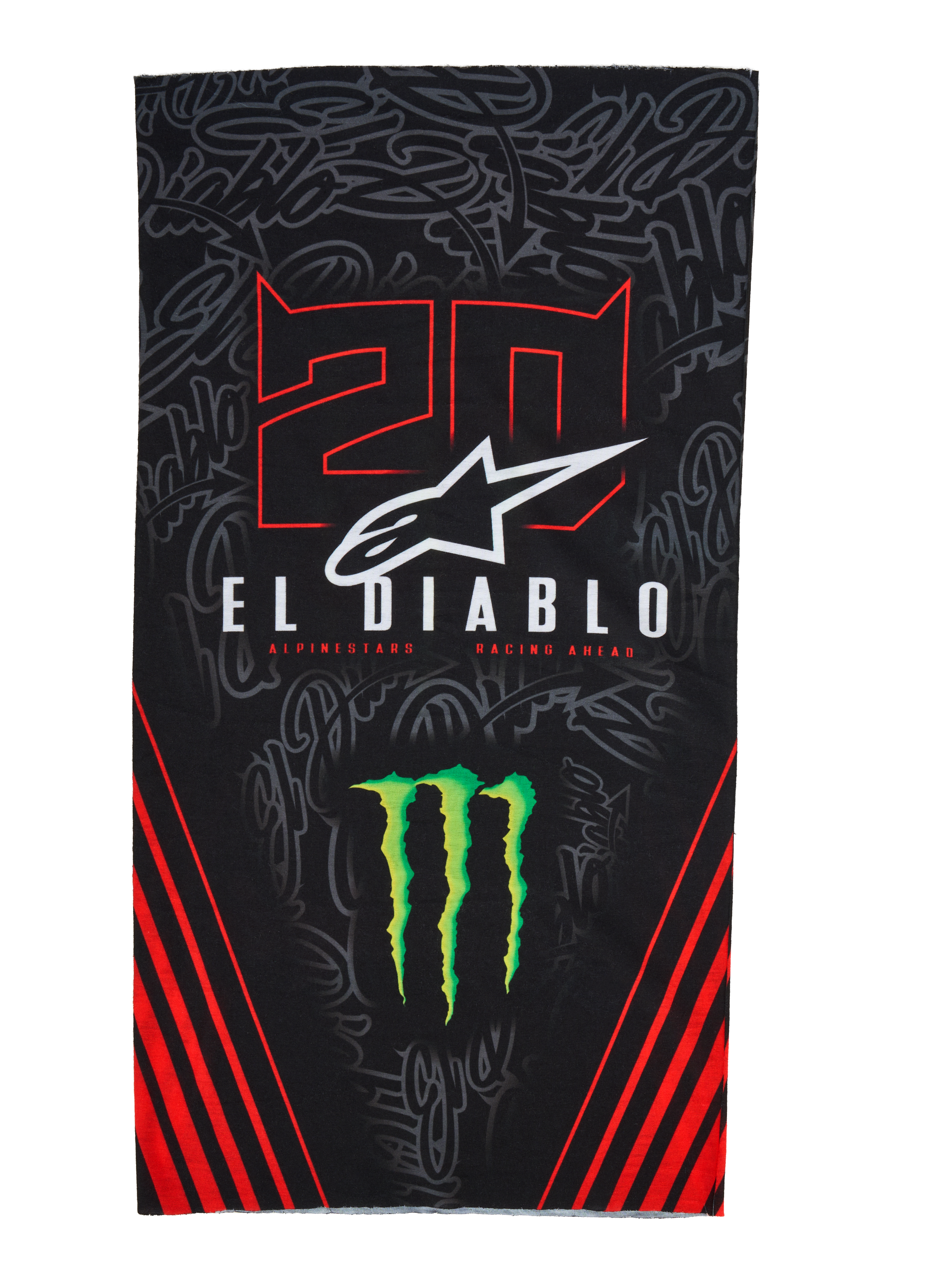 Alpinestars FQ20 Neck Tube Monster, lätt halsrör för motorcykel, svart med röda och gröna detaljer, med '20'- och 'EL DIABLO'-grafik, Monster Energy-klo, vit Alpinestars-logotyp och röda diagonala ränder på en ton-i-ton graffiti-bakgrund