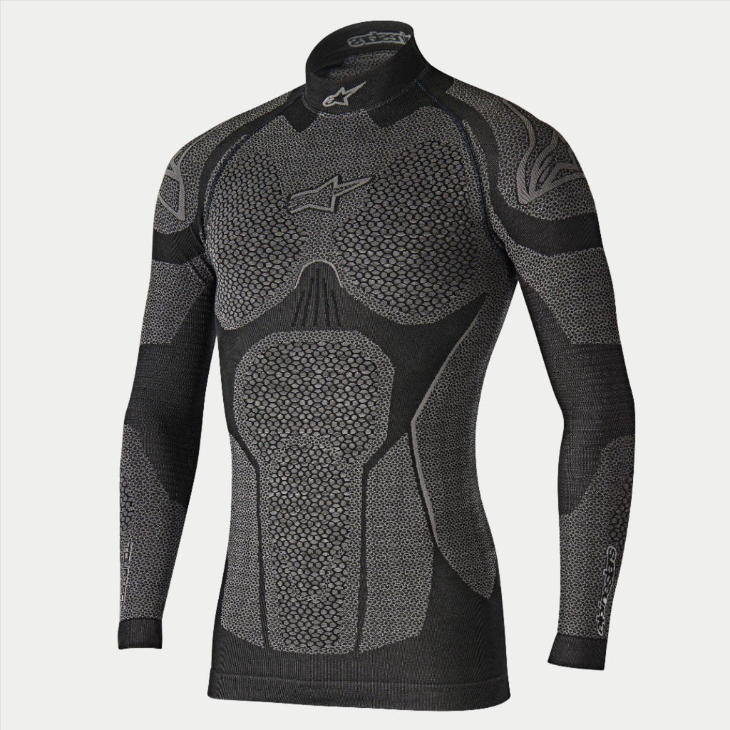 Alpinestars Ride Tech Top Long Sleeve Winter, Motorcycle Base Layer, Black and Gray, technical long-sleeve top with dual-density honeycomb textured panels, compression fit, mock neck with white Alpinestars logo, performance thermal underwear for cold weather