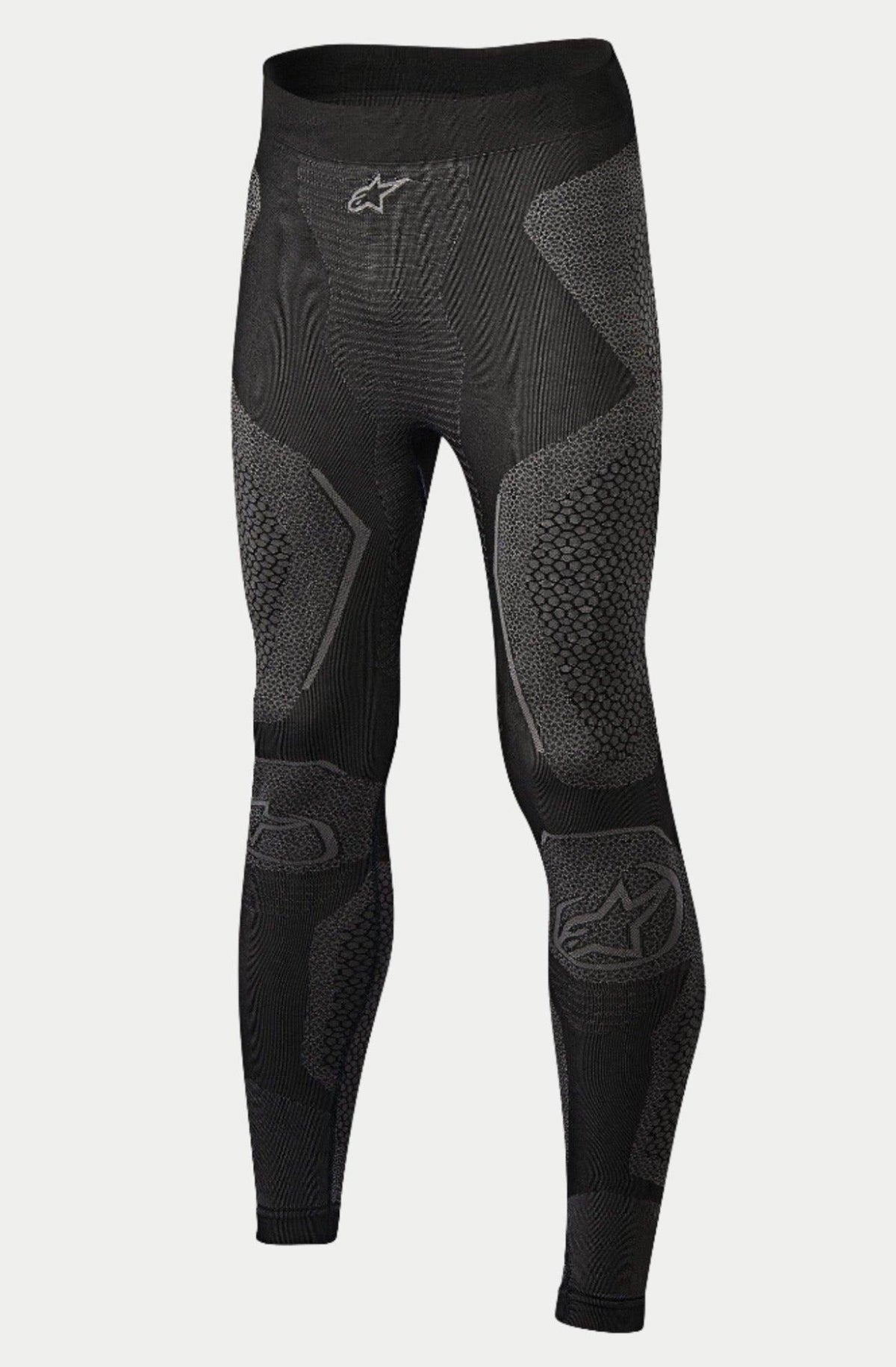 Alpinestars Ride Tech Bottom Winter, tekniska underställsbyxor för motorcykel, svarta och gråa, med stickade paneler med dubbel densitet och texturerade mönster, sömlös konstruktion, Alpinestars-logotyper på linningen och smalbenen, designade för körning i kallt väder