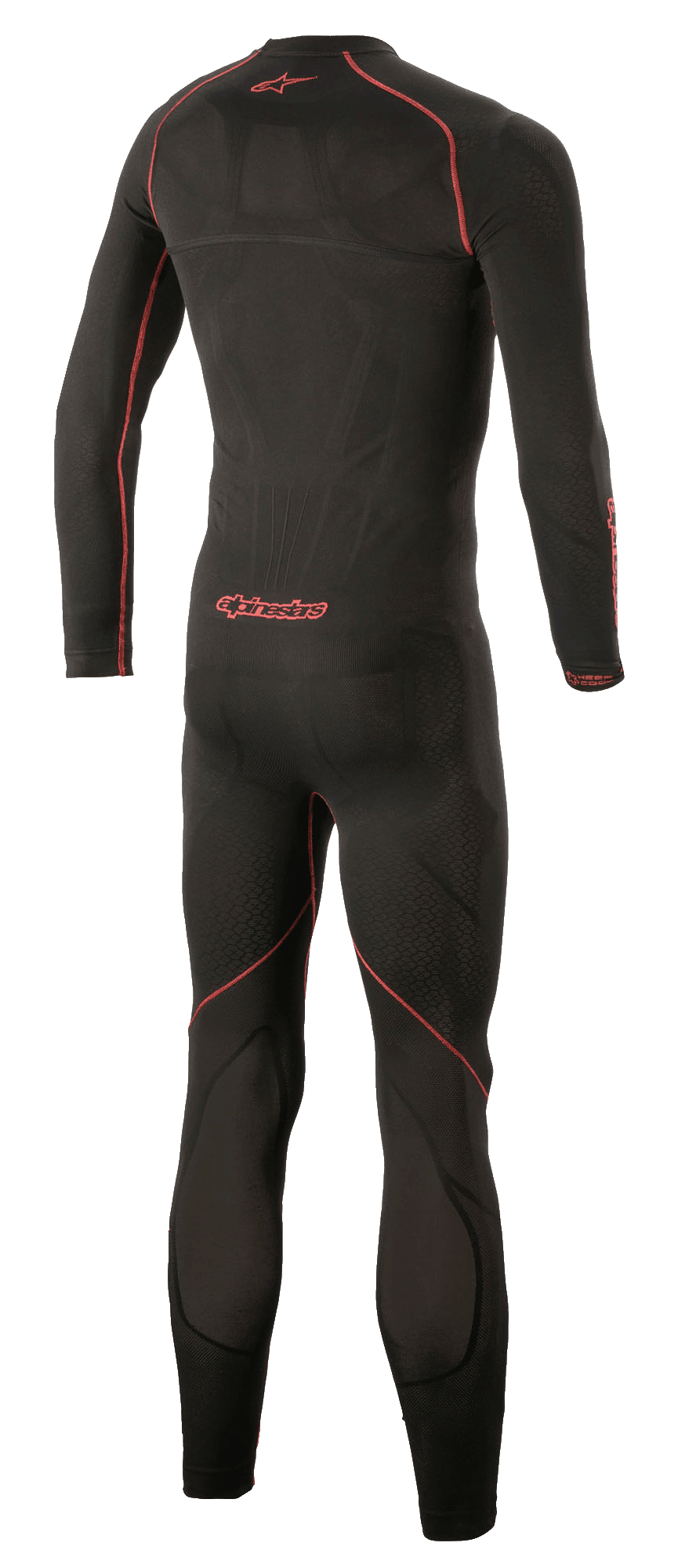 Alpinestars Ride Tech Lite 1-delat underställ, tekniskt underställ för motorcykel, svart och röd, vy bakifrån som framhäver röda platta sömmar och Alpinestars-logotyp, sömlös kompressionspassform med ventilerande meshpaneler.