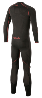 Alpinestars Ride Tech Lite 1-delat underställ, tekniskt underställ för motorcykel, svart och röd, vy bakifrån som framhäver röda platta sömmar och Alpinestars-logotyp, sömlös kompressionspassform med ventilerande meshpaneler.
