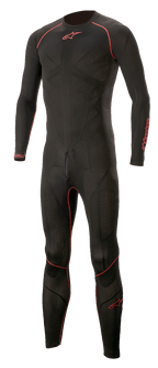 Alpinestars Ride Tech Lite 1-Piece Undersuit, svart med röda accenter, kroppsnära motorcykelunderställ i helkroppsmodell med texturerat mönster, röda detaljer på axlar, armar och ben, röd stjärnlogotyp på bröst och lår, sömlös panelkonstruktion för optimal komfort under skinnställ