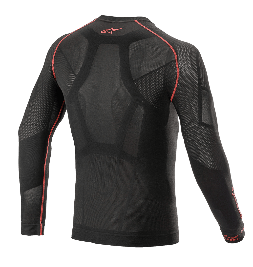 Alpinestars Ride Tech V2 Top Long Sleeve Summer, motorcykelunderställ, svart och röd, vy bakifrån med kroppskartlagd konstruktion, öppna meshpaneler, röda flatlock-sömmar och röd Alpinestars-logotyp på kragen, tekniskt underställ för varmt väder.