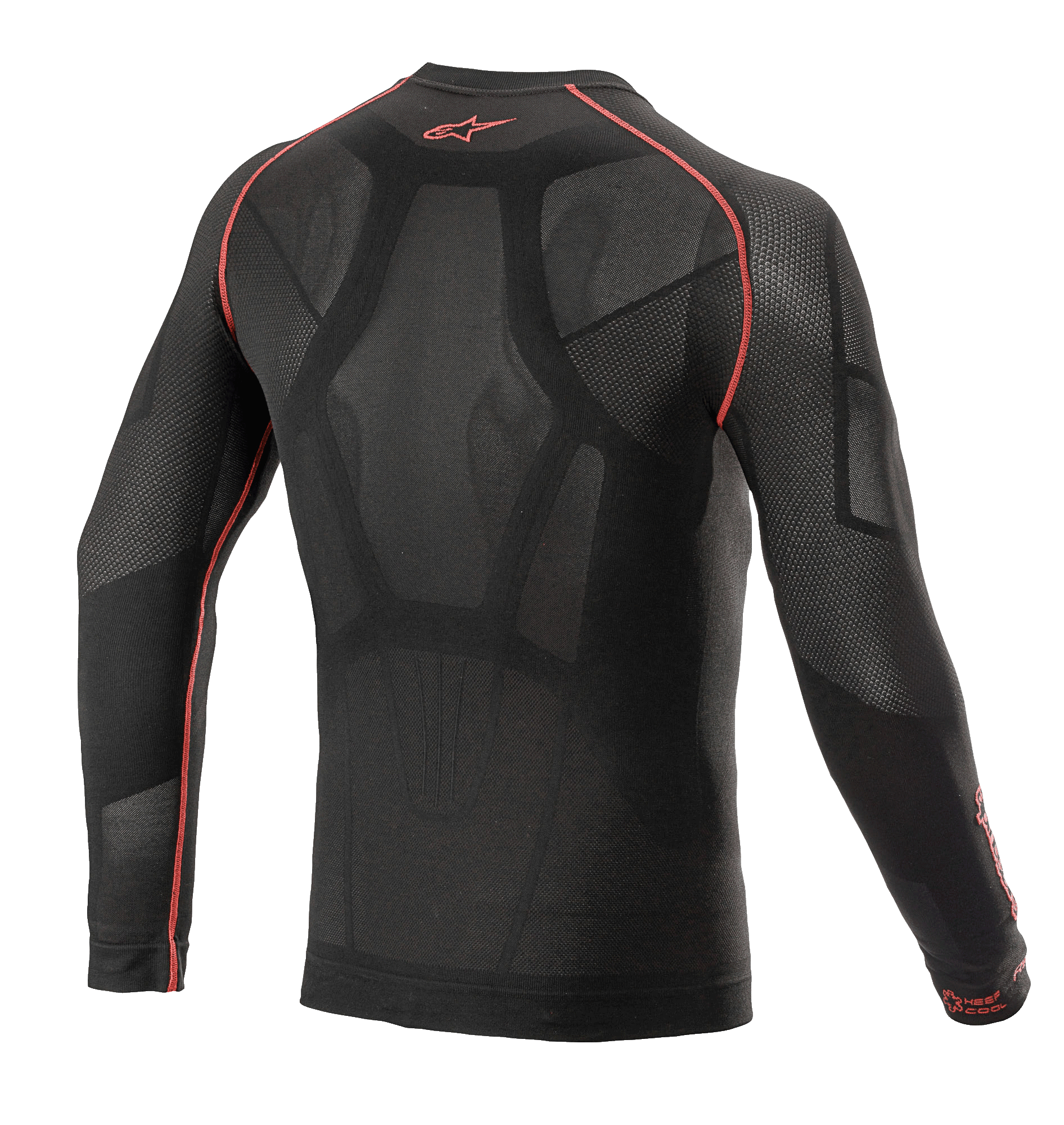 Alpinestars Ride Tech V2 Top Long Sleeve Summer, motorcykelunderställ, svart och röd, vy bakifrån med kroppskartlagd konstruktion, öppna meshpaneler, röda flatlock-sömmar och röd Alpinestars-logotyp på kragen, tekniskt underställ för varmt väder.