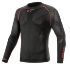 Alpinestars Ride Tech V2 Top Long Sleeve Summer, motorcykelunderställ i svart och rött, med ventilerande kroppskartlagda meshpaneler, röda flatlocksömmar på axlarna och Alpinestars-logotyper på bröstet och ärmen