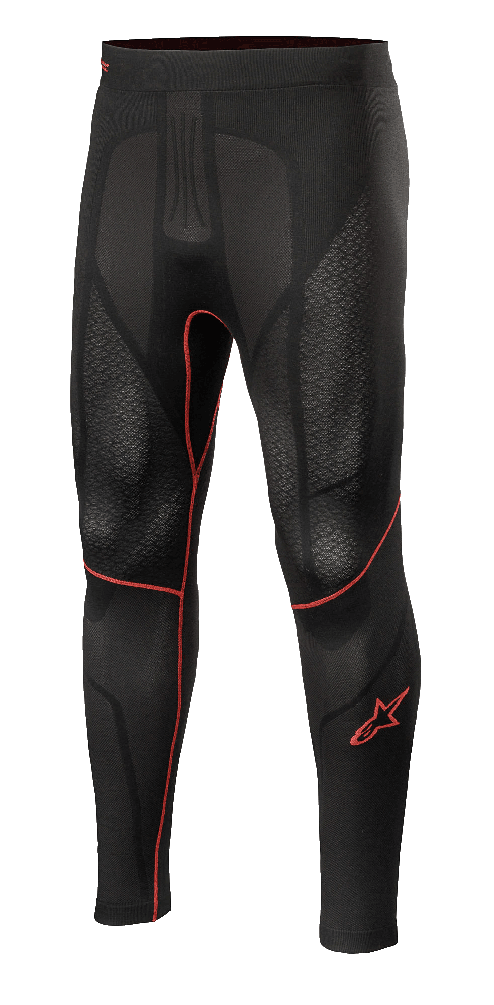 Alpinestars Ride Tech V2 Bottom Summer, underställsbyxor för motorcykel, svarta med röda detaljer, texturerade mesh-paneler, röd stjärnlogotyp på benet, ventilerande kompressionslager