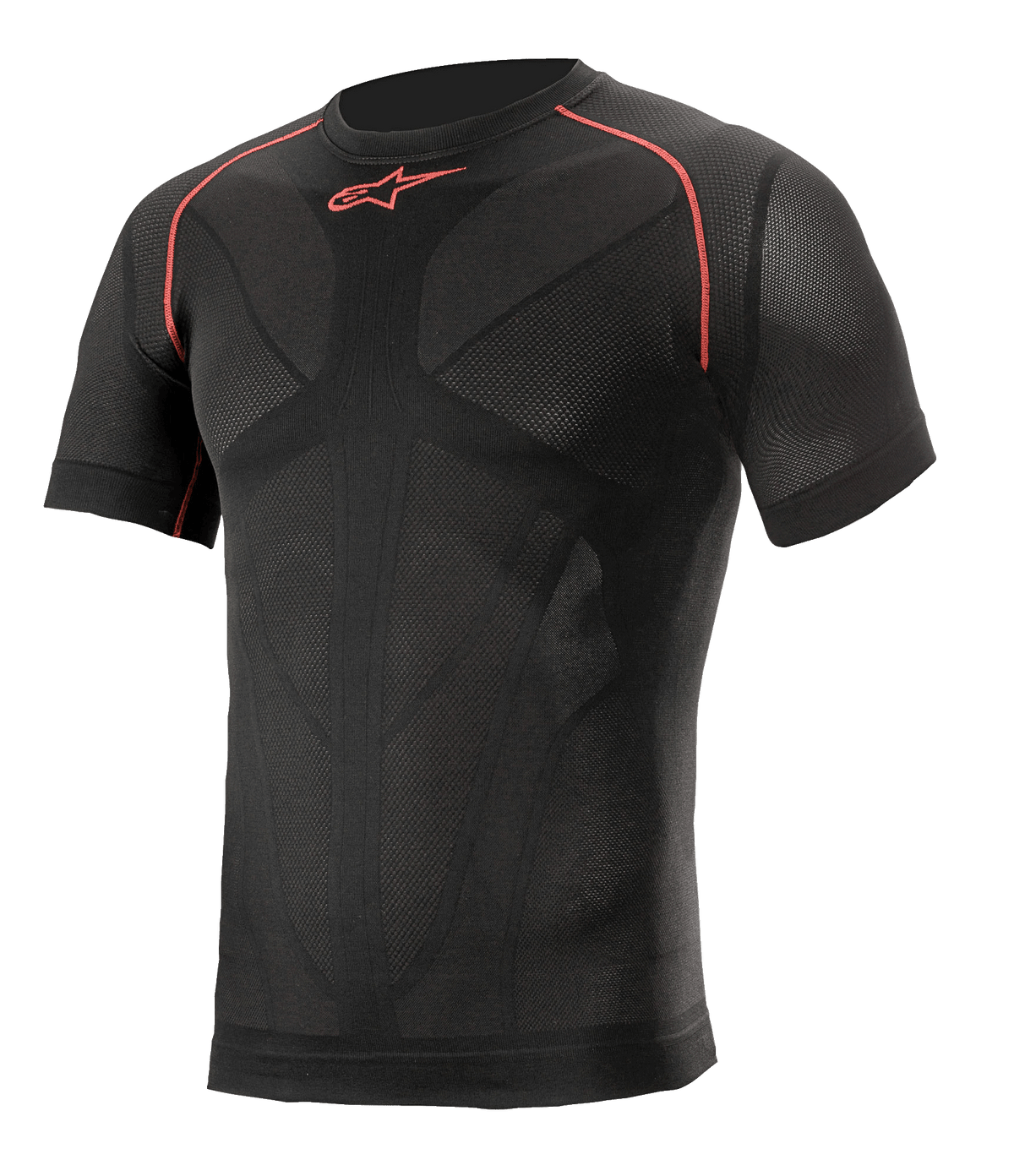 Alpinestars Ride Tech V2 Top Short Sleeve Summer, svart med röda detaljer, kortärmat baslager för motorcykel, kompressionspassform med kroppsanpassade mesh-ventilationspaneler, tekniska funktionskläder för sommarkörning på väg och bana