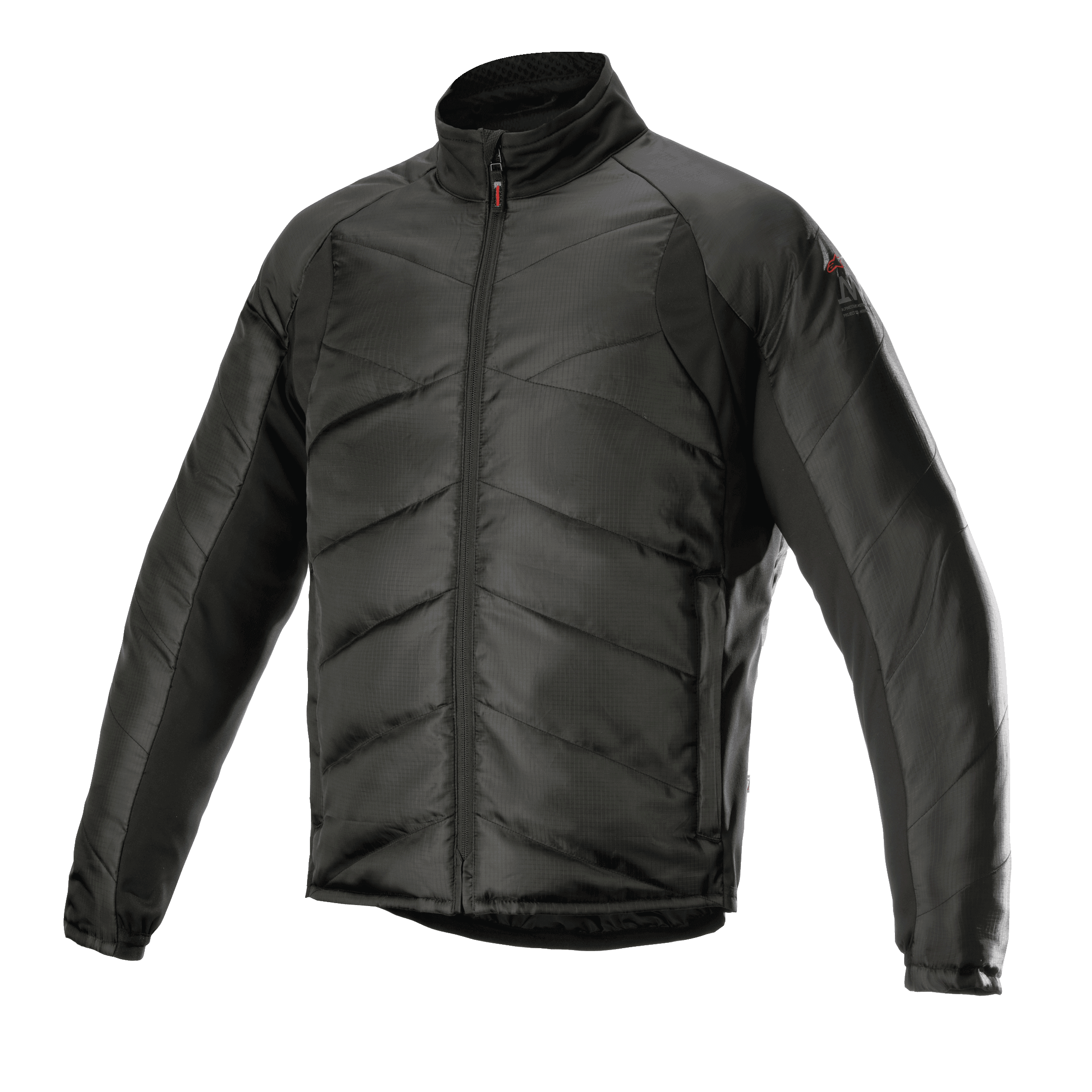 Alpinestars AMT Thermal Liner, Black, Thermal Mid-Layer Jacket, features quilted diagonal padding and ripstop fabric, high collar, full-length front zipper, lightweight insulation for motorcycle adventure touring