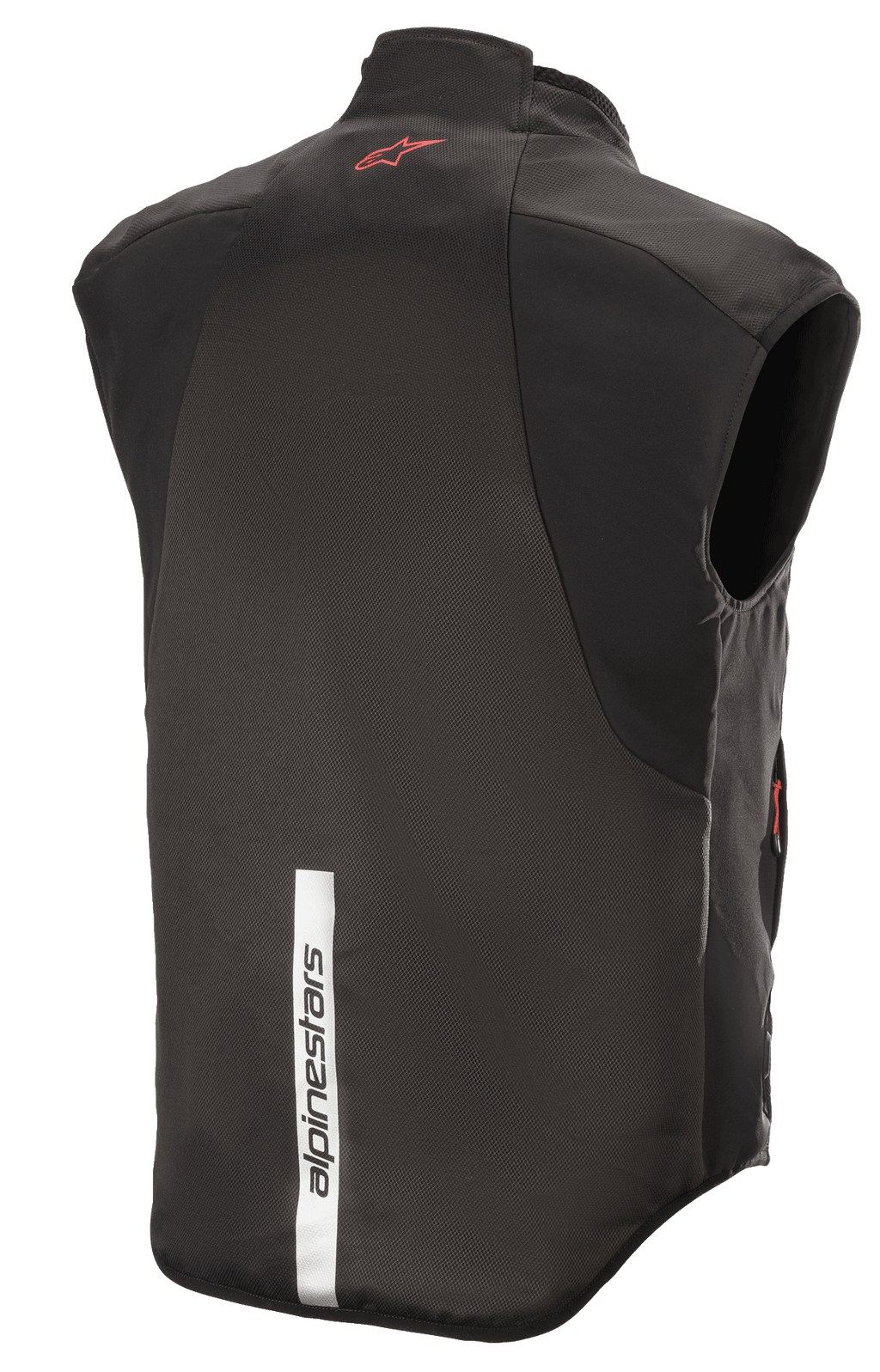 Alpinestars HT Heat Tech Väst, svart, vy bakifrån med en röd Astars-logotyp på övre ryggen och en vertikal reflekterande vit remsa med Alpinestars-logotyp på nedre ryggen, eluppvärmt underställ för motorcykel