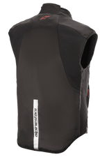 Alpinestars HT Heat Tech Väst, svart, vy bakifrån med en röd Astars-logotyp på övre ryggen och en vertikal reflekterande vit remsa med Alpinestars-logotyp på nedre ryggen, eluppvärmt underställ för motorcykel