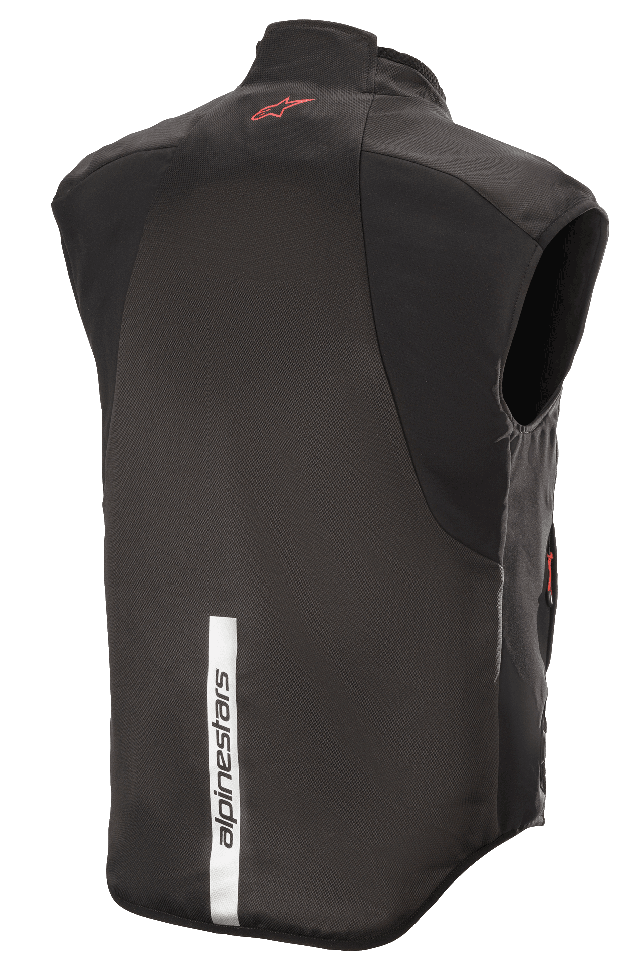 Alpinestars HT Heat Tech Väst, svart, vy bakifrån med en röd Astars-logotyp på övre ryggen och en vertikal reflekterande vit remsa med Alpinestars-logotyp på nedre ryggen, eluppvärmt underställ för motorcykel