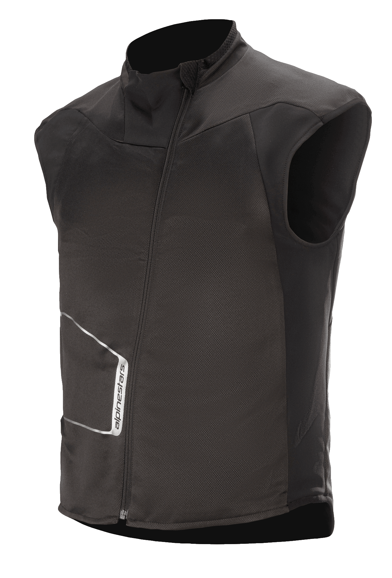 Alpinestars HT Heat Tech Väst, svart ärmlöst uppvärmt baslager för motorcykel, hög krage med asymmetrisk snedställd dragkedja fram, teknisk textilkonstruktion med vit Alpinestars-logotyp, termiskt underställ för vinteräventyr och touring