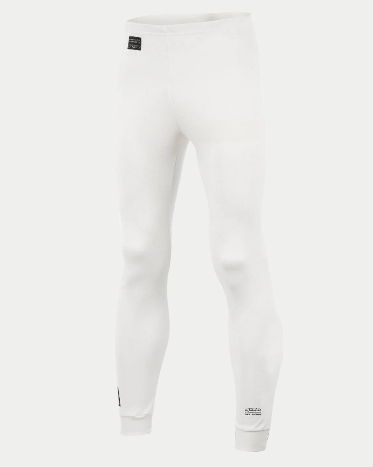 Alpinestars Race Bottom FIA, Auto Racing Base Layer Pants, White, featuring black FIA label on hip and branding on the lower leg, lightweight and breathable fireproof textile for professional motorsport