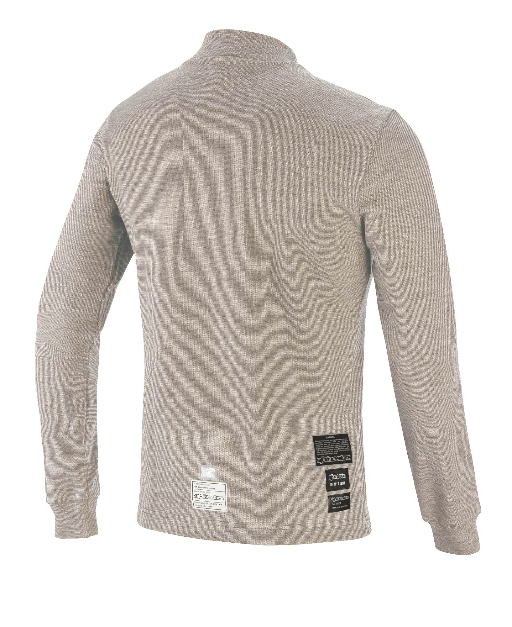 Alpinestars Race V3 Long Sleeve Top, Auto Racing Base Layer, Gray Melange, back view featuring flame-resistant technical fabric and FIA certification patches near the hem