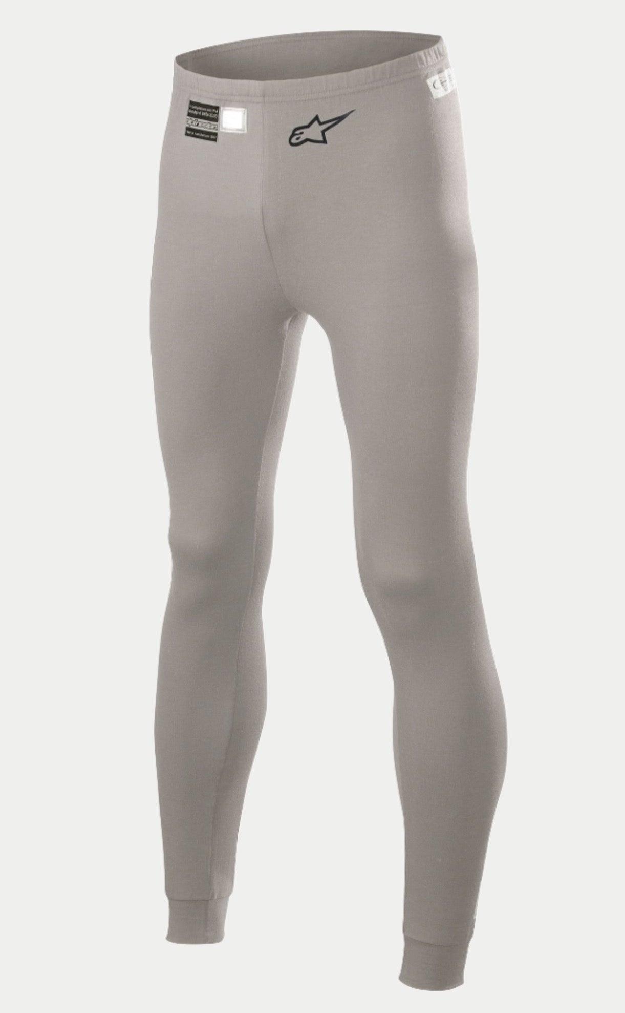 Alpinestars Race V2 Bottom FIA, Auto Racing Base Layer Pants, Mid Gray, featuring a black star logo on the leg and FIA homologation label on the waistband, lightweight flame-resistant fabric with cuffed ankles.