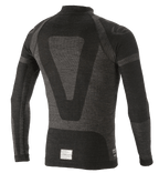 Alpinestars ZX Evo V2 Long Sleeve Top, Auto Racing Base Layer, Black and Gray, back view featuring a technical jacquard design, seamless tubular construction, and FIA/SFI certification tag at the hem