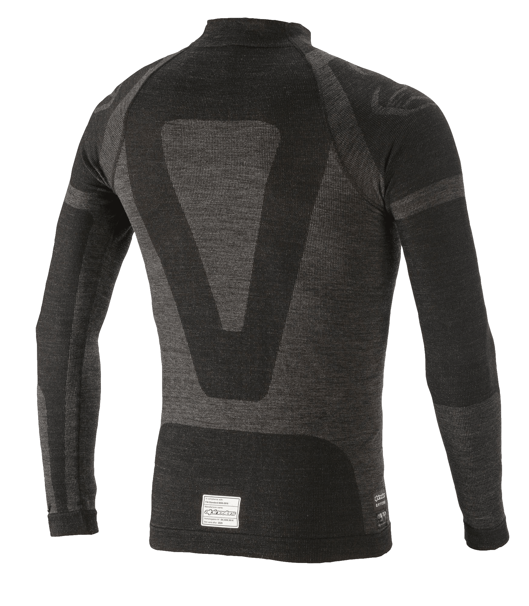 Alpinestars ZX Evo V2 Long Sleeve Top, Auto Racing Base Layer, Black and Gray, back view featuring a technical jacquard design, seamless tubular construction, and FIA/SFI certification tag at the hem