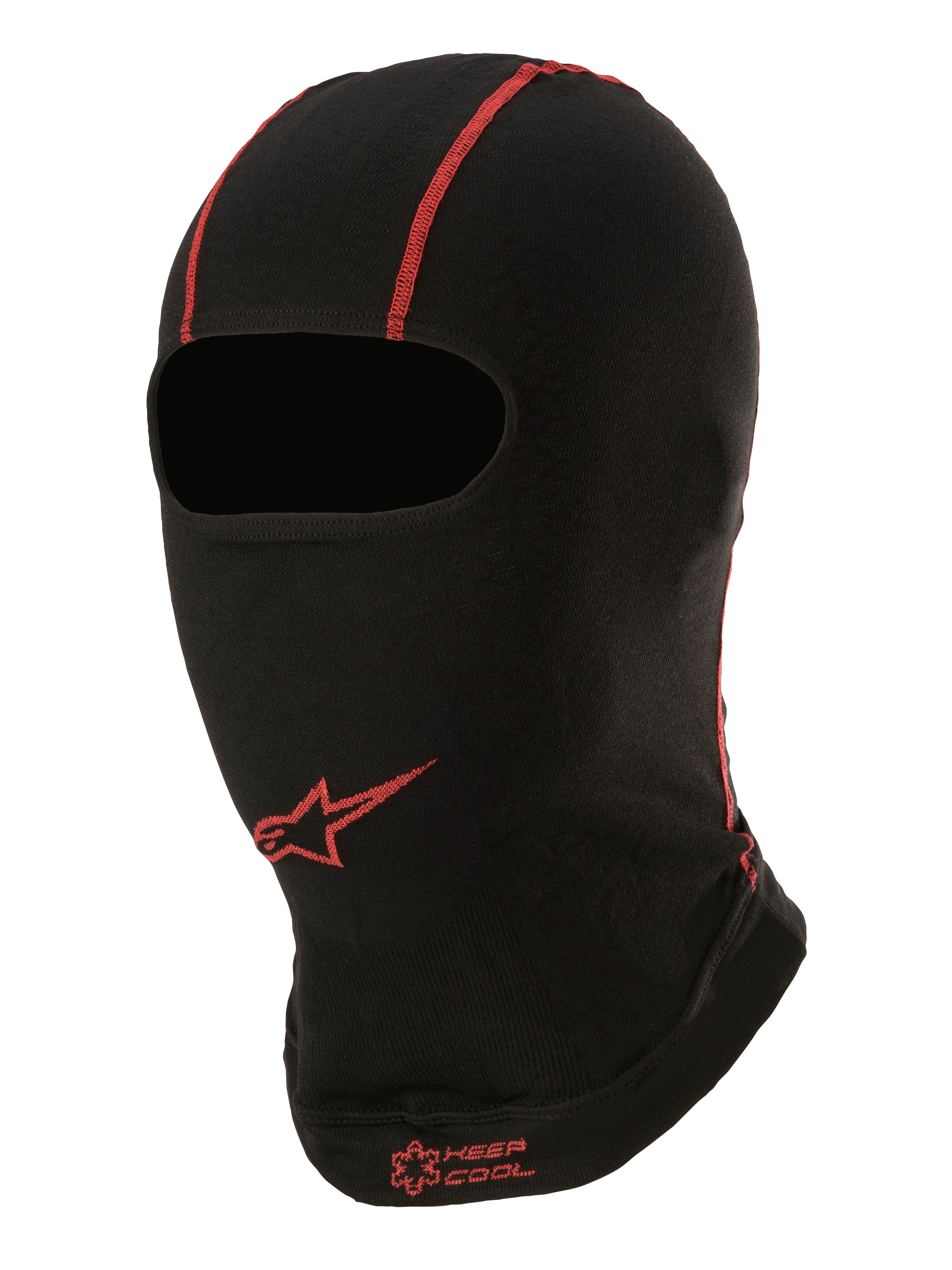 Alpinestars KX V2 balaklava, sommarunderställ för hjälm, svart med röda sömmar, röd Alpinestars stjärnlogotyp och "KEEP COOL"-text, tunt material med god andningsförmåga för karting och motorsport