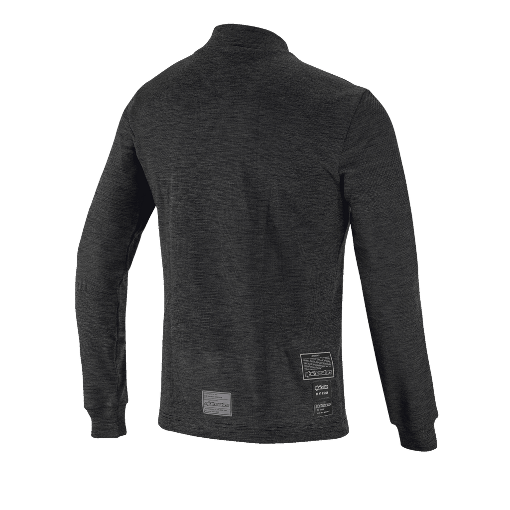 Alpinestars Race V3 Long Sleeve Top, Rear View, Black flame-resistant base layer, featuring a textured knit design, long sleeves with ribbed cuffs, and FIA homologation labels on the lower back.