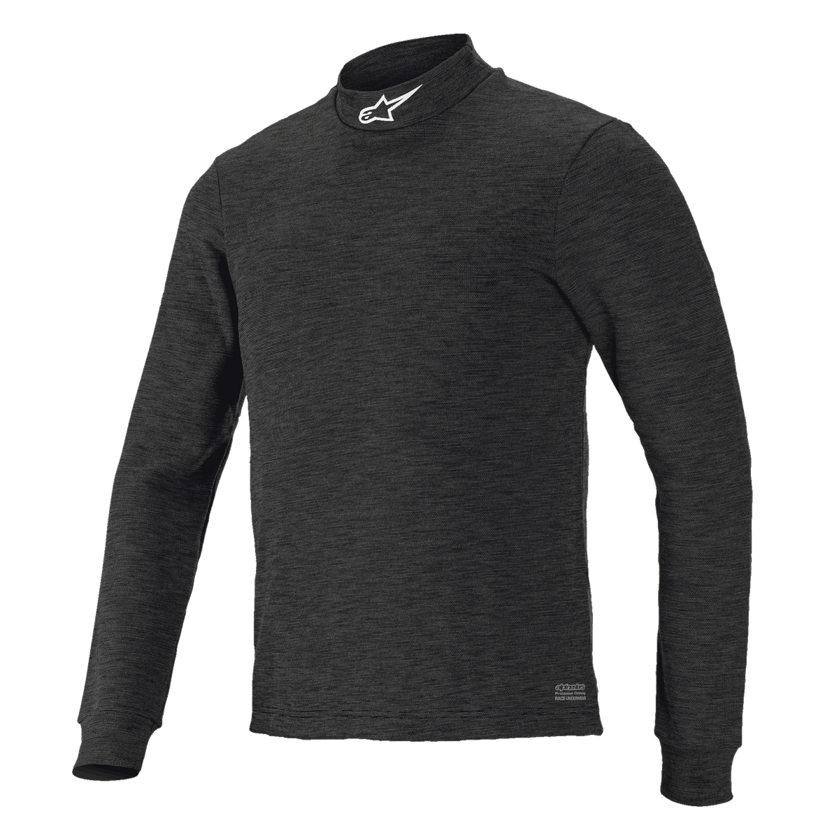 Alpinestars Race V3 Long Sleeve Top, Black textured base layer, high mock-neck collar with white logo, fitted design, flame-resistant motorsports performance wear