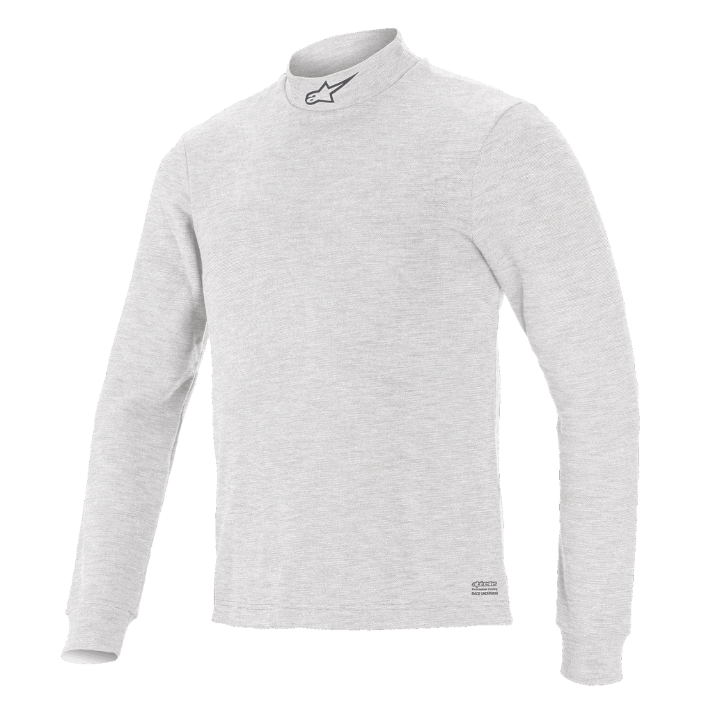 Alpinestars Race V3 Long Sleeve Top, Auto Racing Base Layer, White, mock neck with small logo, long sleeves, soft-touch flame-resistant fabric, minimalist athletic design