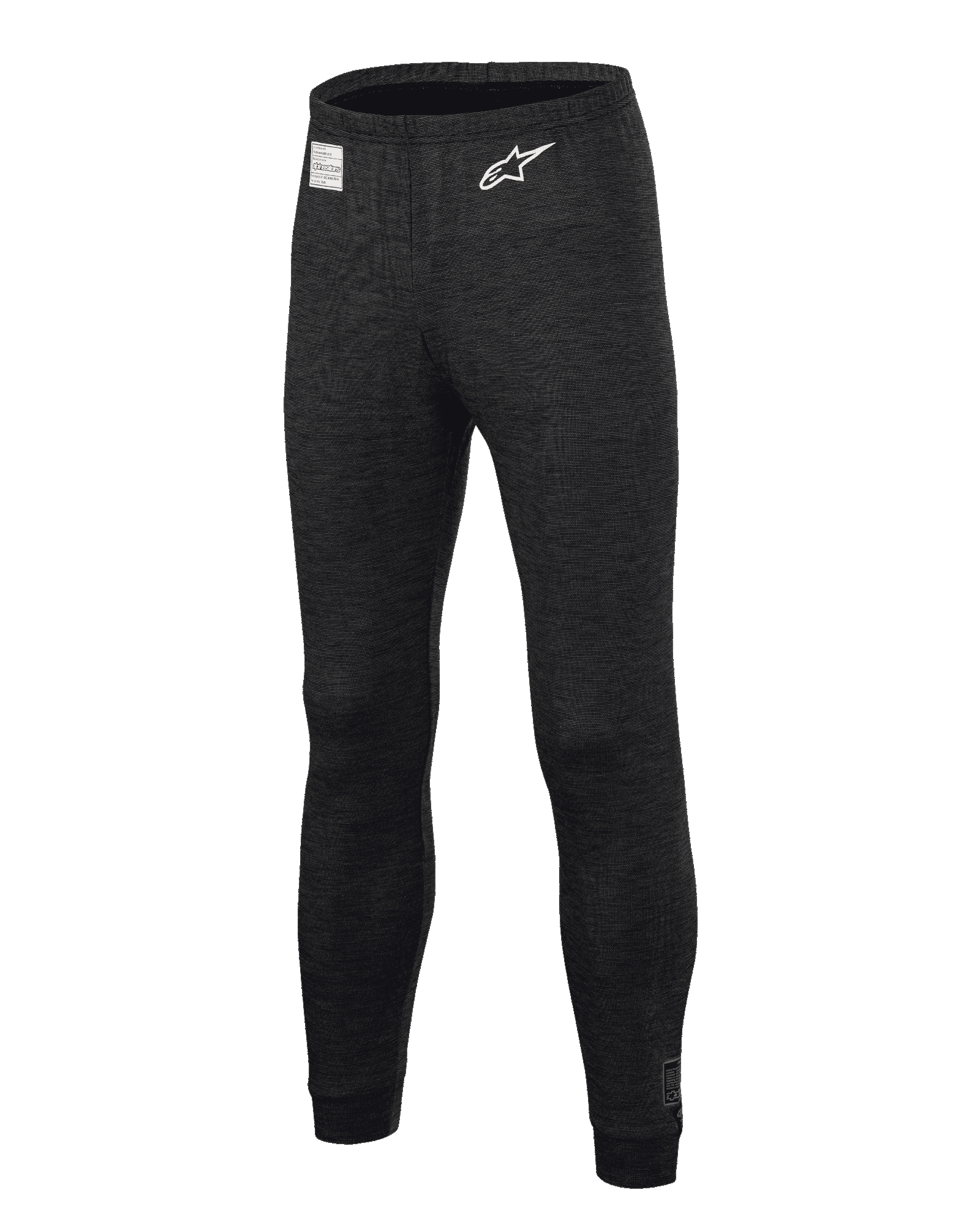 Alpinestars Race V3 Bottom, svarta underställsbyxor för bilsport, flamskyddande texturerat material, vit stjärnlogotyp på låret, FIA-certifieringsetikett i midjan, tekniskt underställ i full längd för professionell motorsport