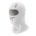 Alpinestars Race V3 Balaclava, White, Auto Racing Head Sock, featuring black Alpinestars logos, large oval eye opening, and FIA 8856-2018 homologation label, lightweight flame-resistant fabric.