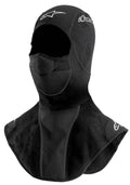 Alpinestars Winter Balaclava, motorcykelbalaklava för kallt väder, svart, med förlängd fleecekrage för hals och bröst, andningsbar perforerad munpanel och vita tryckta logotypdetaljer.