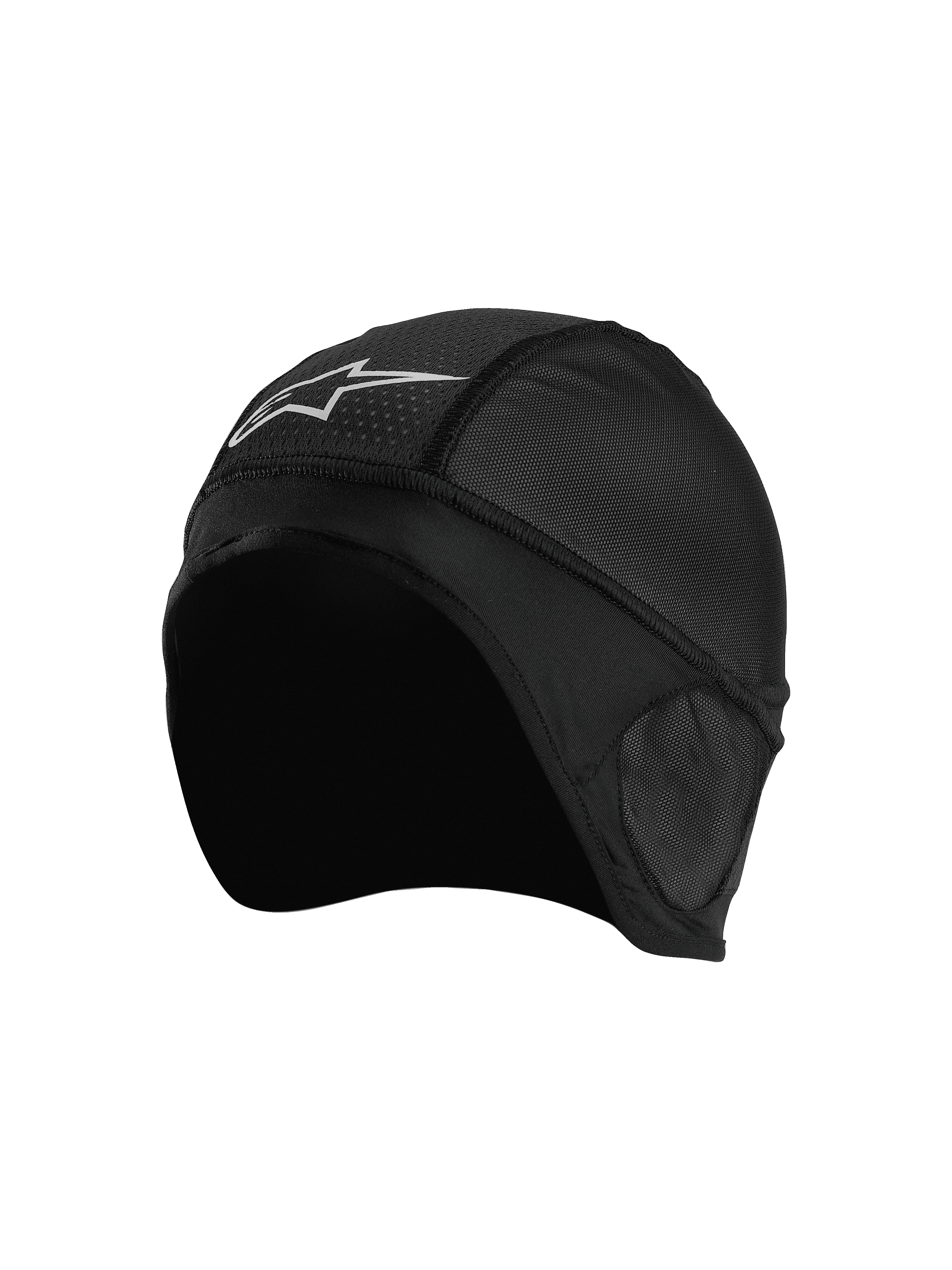 Alpinestars Balaclava Skull Cap, Black, Motorcycle Helmet Liner, featuring breathable mesh panels, white star logo, ergonomic design with flat-lock seams for under-helmet comfort
