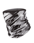 Alpinestars Neck Tube, motorcycle neck gaiter, Black and Gray, blurred geometric pattern with Alpinestars star logo, lightweight silky fabric, seamless base layer for wind protection