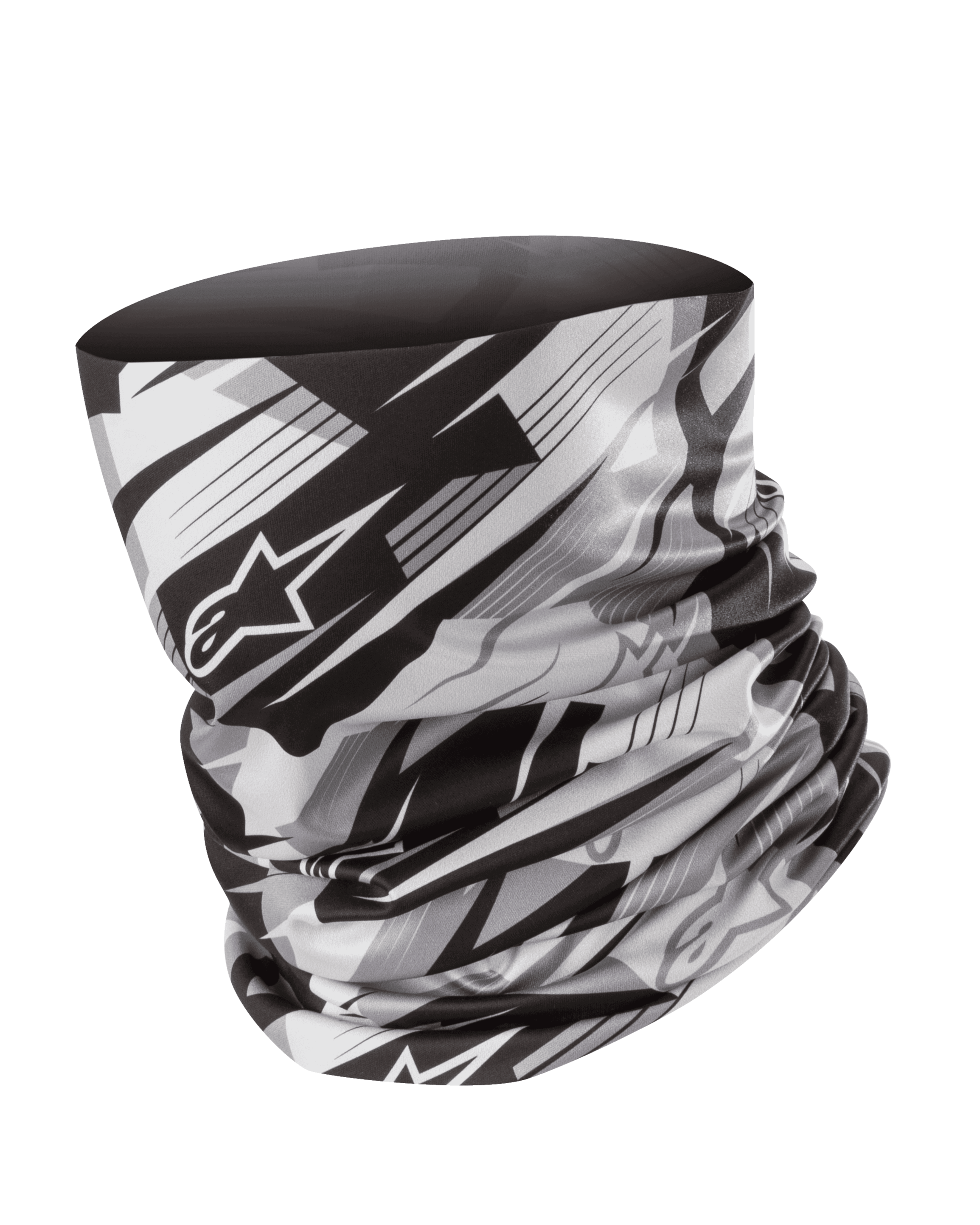 Alpinestars Neck Tube, halsrör för motorcykel, svart och grå, suddigt geometriskt mönster med Alpinestars stjärnlogotyp, lätt och silkeslent material, sömlöst baslager för vindskydd