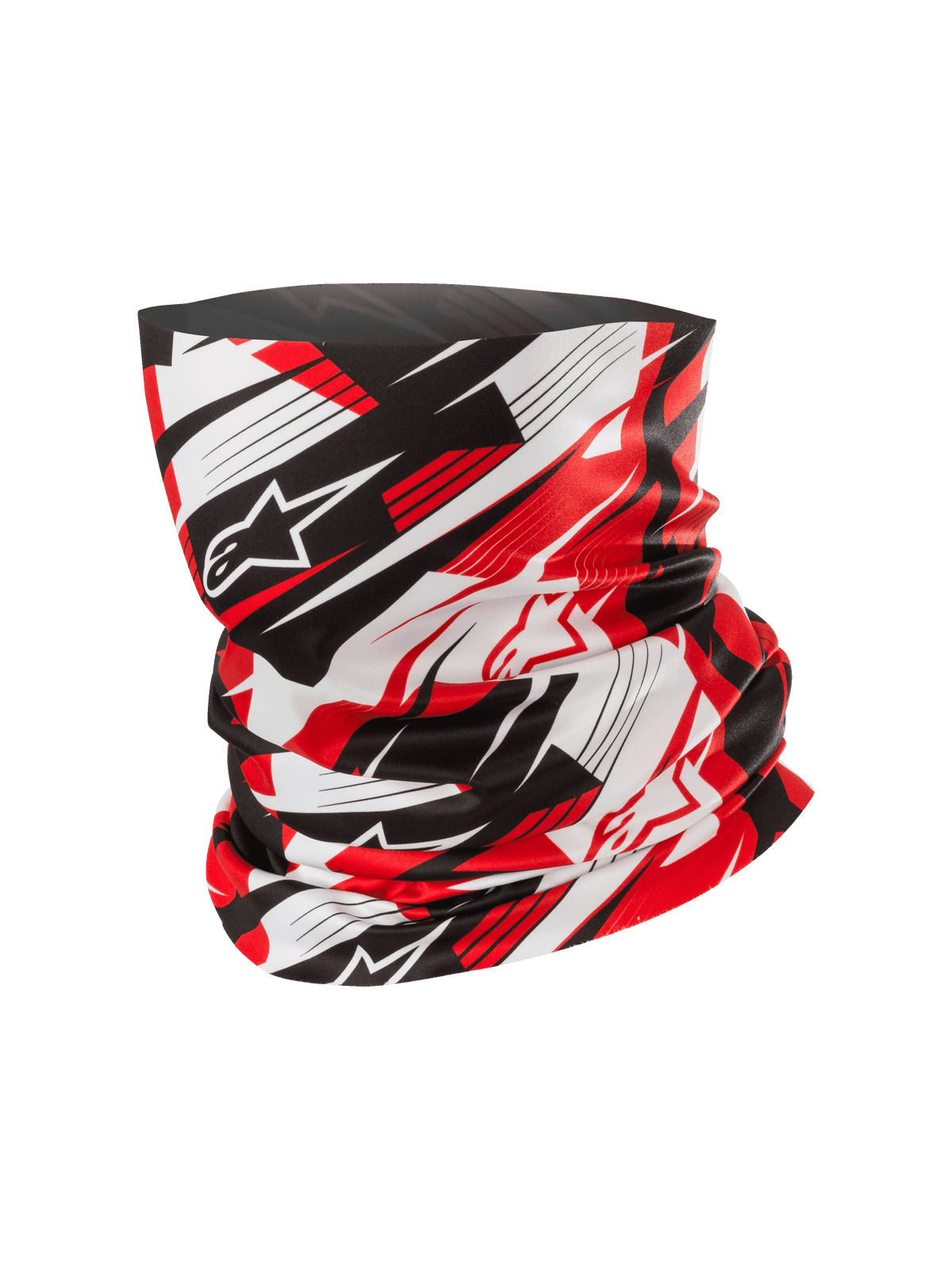 Alpinestars Neck Tube, Motorcycle Neck Gaiter, Red Black and White, dynamic abstract pattern with blurred lines and star logos, lightweight silky-feel fabric, motorcycling and outdoor activity accessory