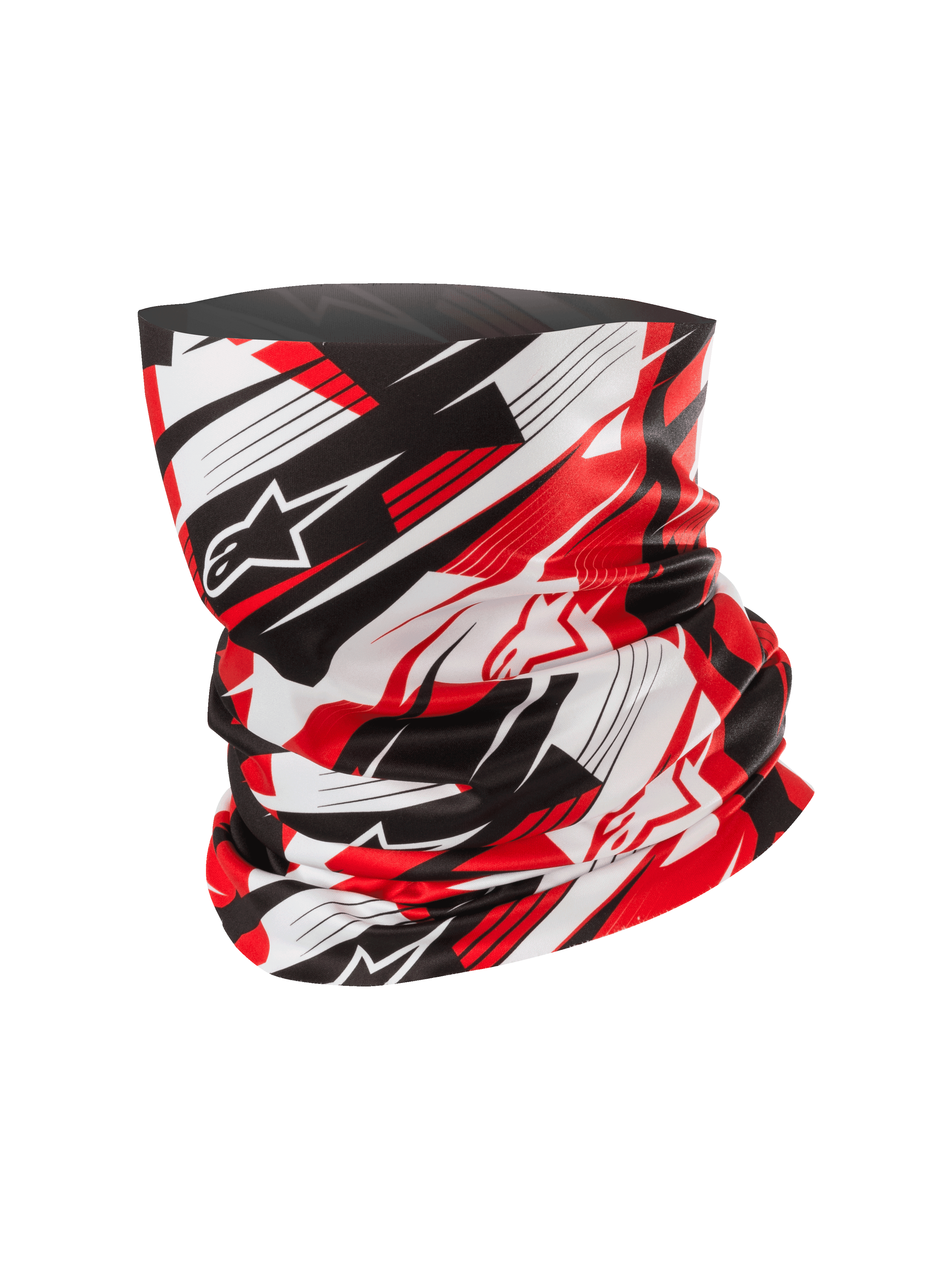 Alpinestars Neck Tube, Motorcycle Neck Gaiter, Red Black and White, dynamic abstract pattern with blurred lines and star logos, lightweight silky-feel fabric, motorcycling and outdoor activity accessory