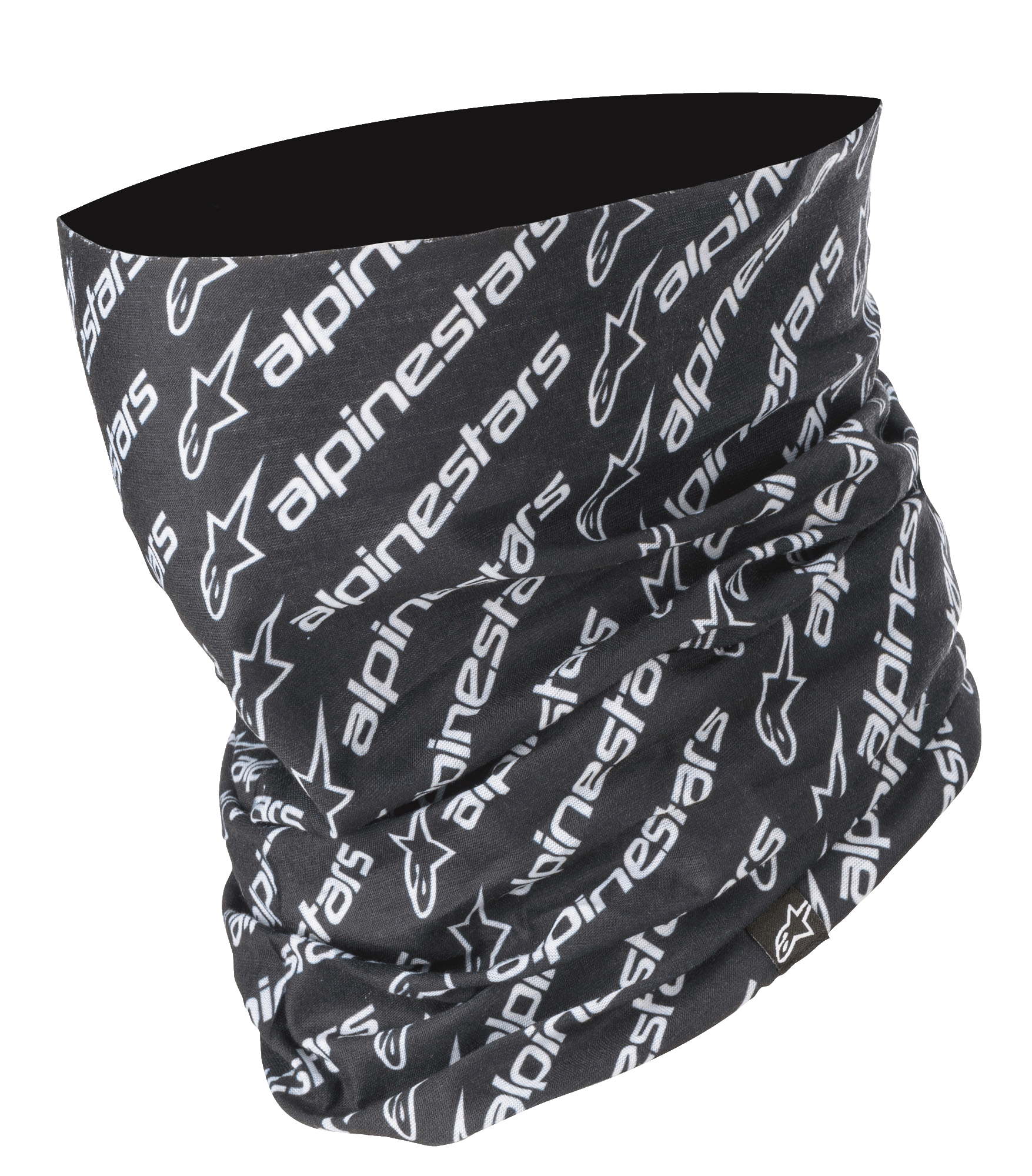 Alpinestars Linear Neck Tube, motorcykelhalsskydd, svart och vit, mönster med upprepad diagonal Alpinestars-logotyp och text, sömlös mikrofiberkonstruktion, lätt baslager för landsvägskörning