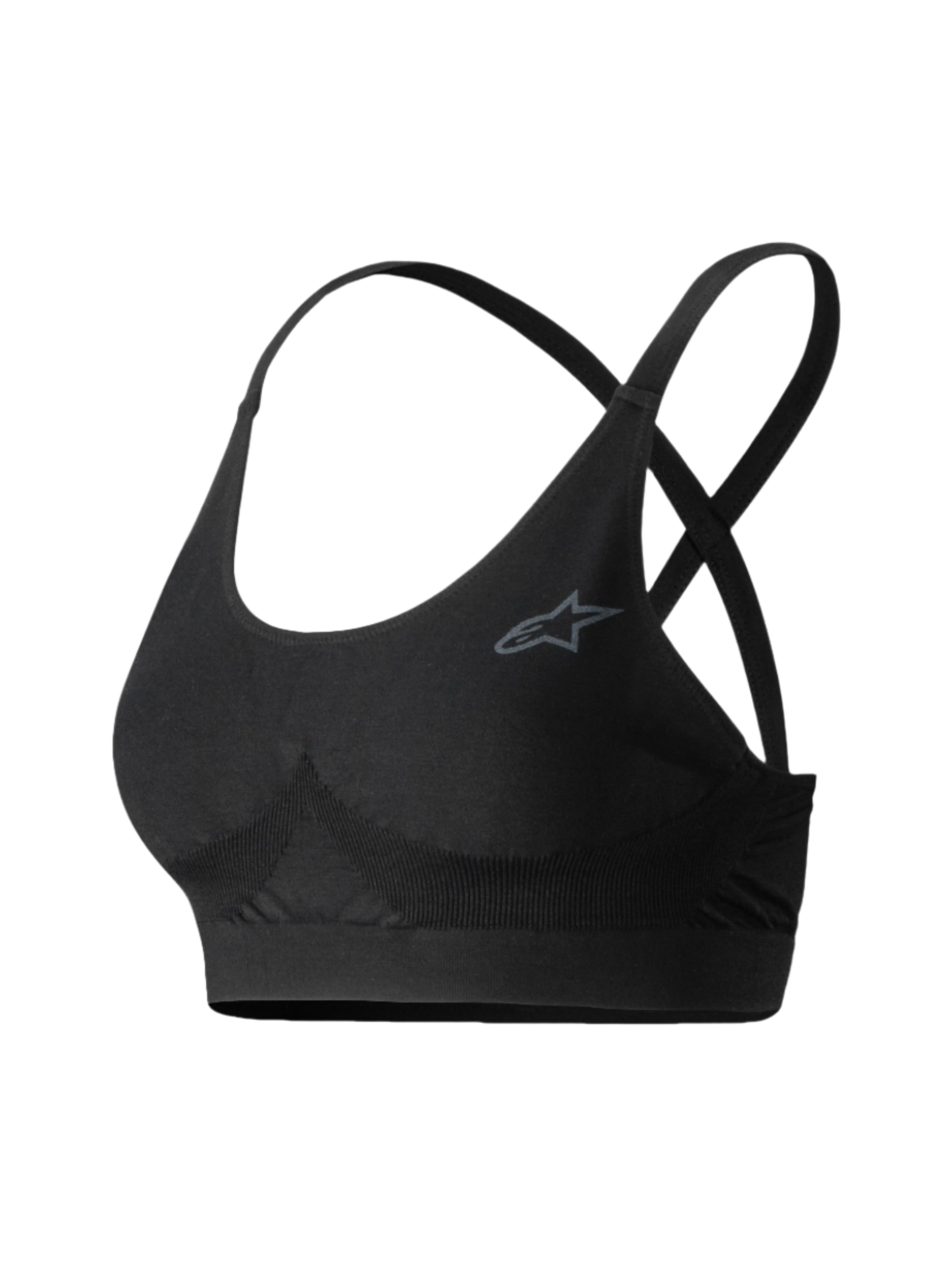 Alpinestars Stella TECH ZX Bra, Auto Racing Base Layer Top, Black, featuring criss-cross straps and grey logo, women's flame-resistant motorsport underwear