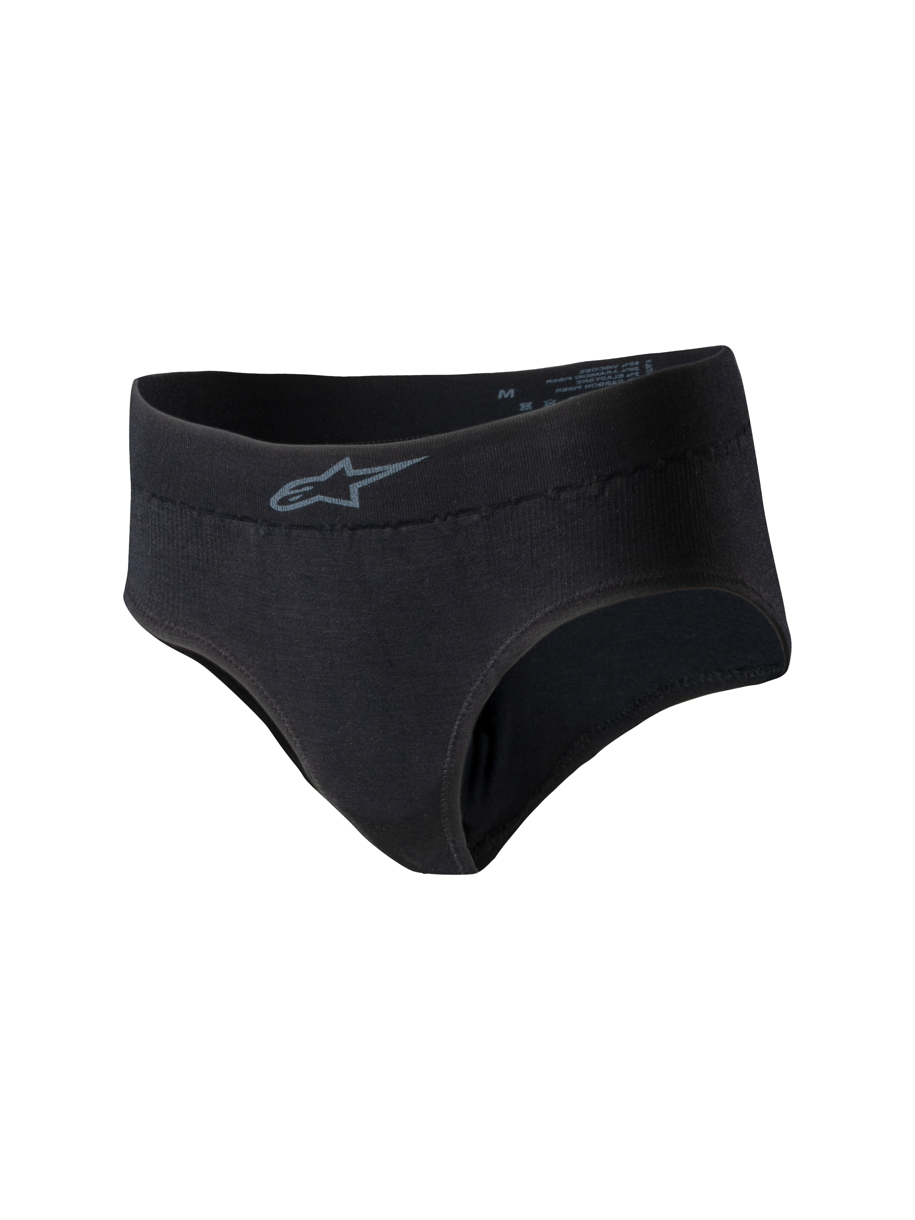 Alpinestars Stella TECH ZX Briefs, svarta, flamskyddade racingunderkläder för damer, grå Alpinestars-logotyp på linningen fram, tunt och lätt underställ för bilsport, FIA 8856-2018-certifierad