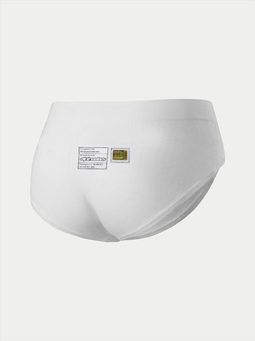 Alpinestars Stella TECH ZX Briefs, Women's Racing Underwear, White, Rear view featuring FIA 8856-2018 certification labels and Alpinestars branding, lightweight and flame-resistant base layer for motorsport