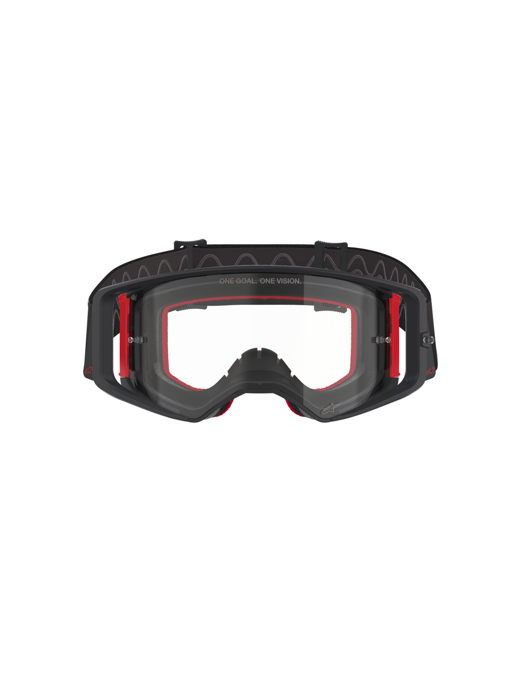 Alpinestars Supertech Corp Goggles, Motocross Goggles, Black Red and Clear, front view, clear lens with 'ONE GOAL. ONE VISION.' text, black frame with red side accents, wide field of vision, durable strap with wavy silicone grip