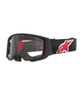Alpinestars Supertech Corp Goggles, Black and Red frame with Clear Lens, black adjustable strap featuring a large red and white star logo, professional motocross eyewear designed for off-road racing