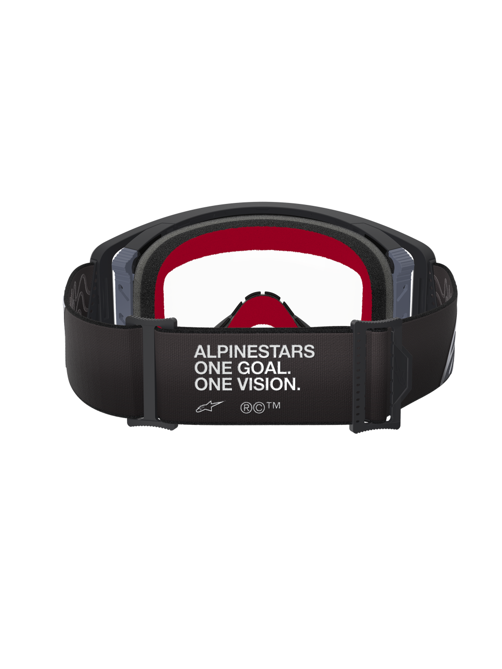 Alpinestars Supertech Corp Goggles, Motocross Goggles, Black and Grey frame with Clear lens, rear view featuring black strap with 'ALPINESTARS ONE GOAL. ONE VISION.' slogan and red internal face foam