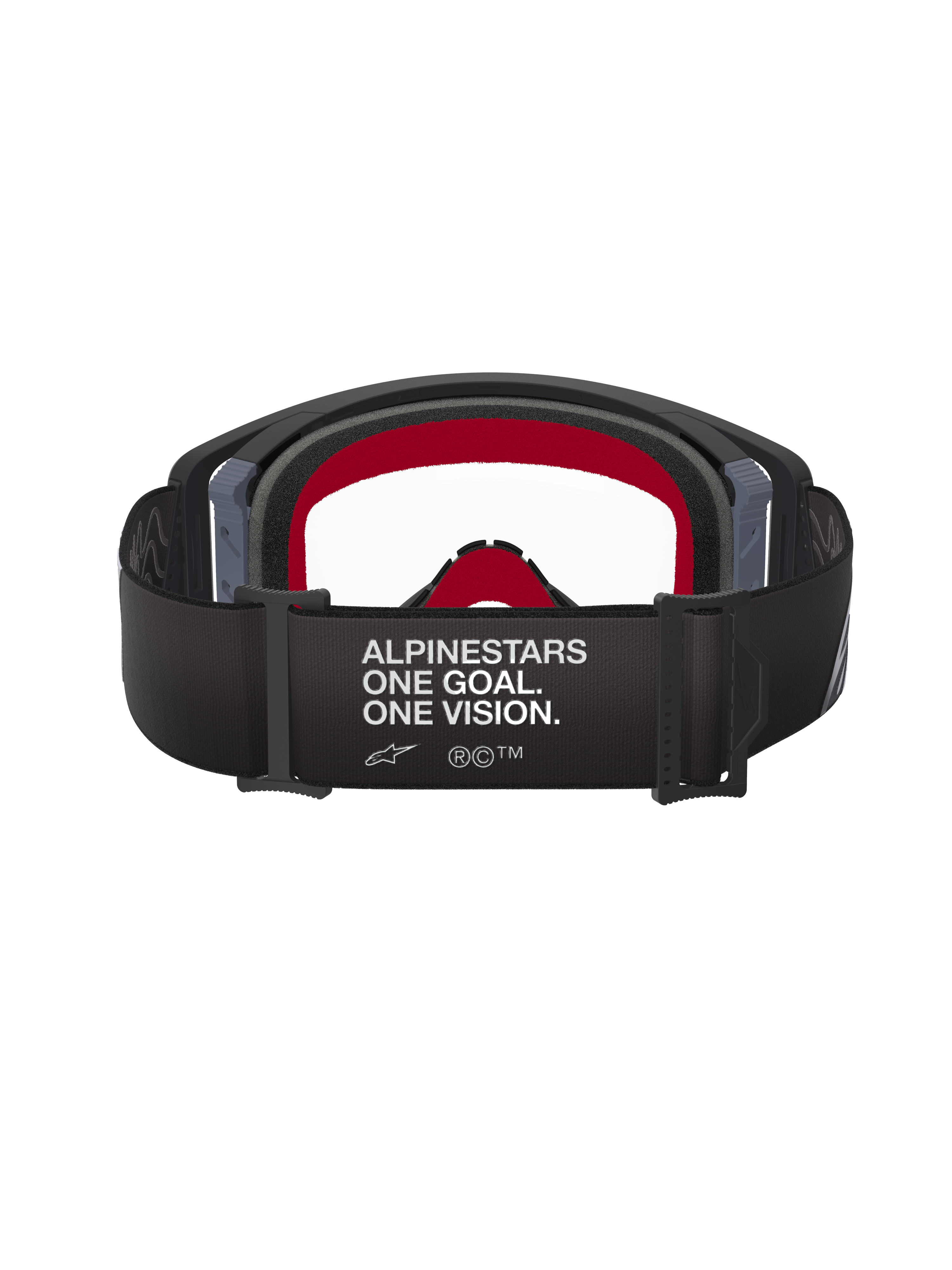 Alpinestars Supertech Corp Goggles, Black and Grey, Rear view showing the wide black strap with 'ALPINESTARS ONE GOAL. ONE VISION.' white text, red inner face foam, and clear lens, high-performance motocross eyewear