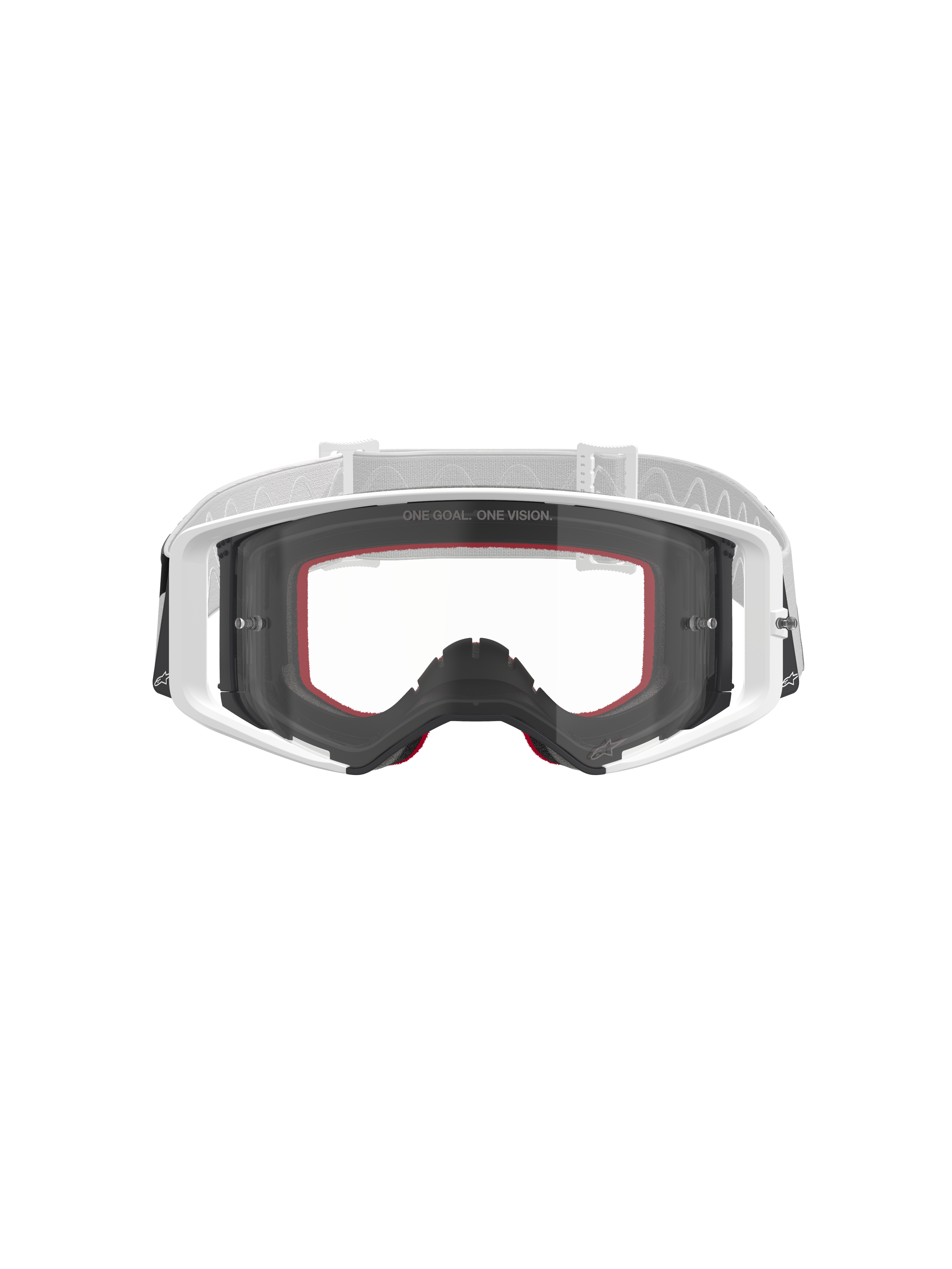 Alpinestars Supertech Corp Goggles, Motocross Goggles, White with Clear Lens, white and light grey adjustable strap, featuring 'ONE GOAL. ONE VISION.' text on the lens, red accents on the face foam, high-performance protective gear for off-road racing